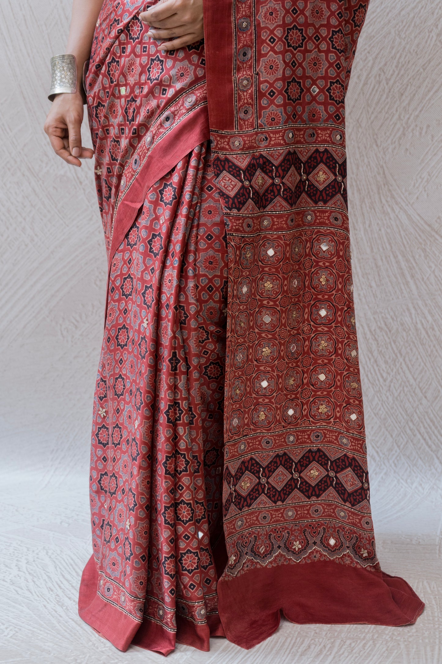 Embroidered Ajrakh Print Red Floral Gajji Saree