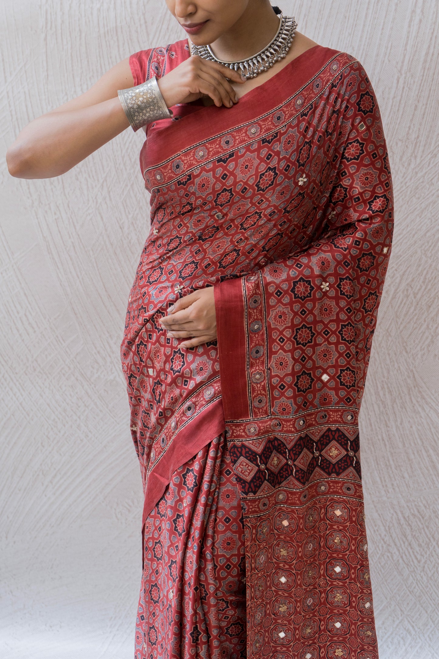 Embroidered Ajrakh Print Red Floral Gajji Saree