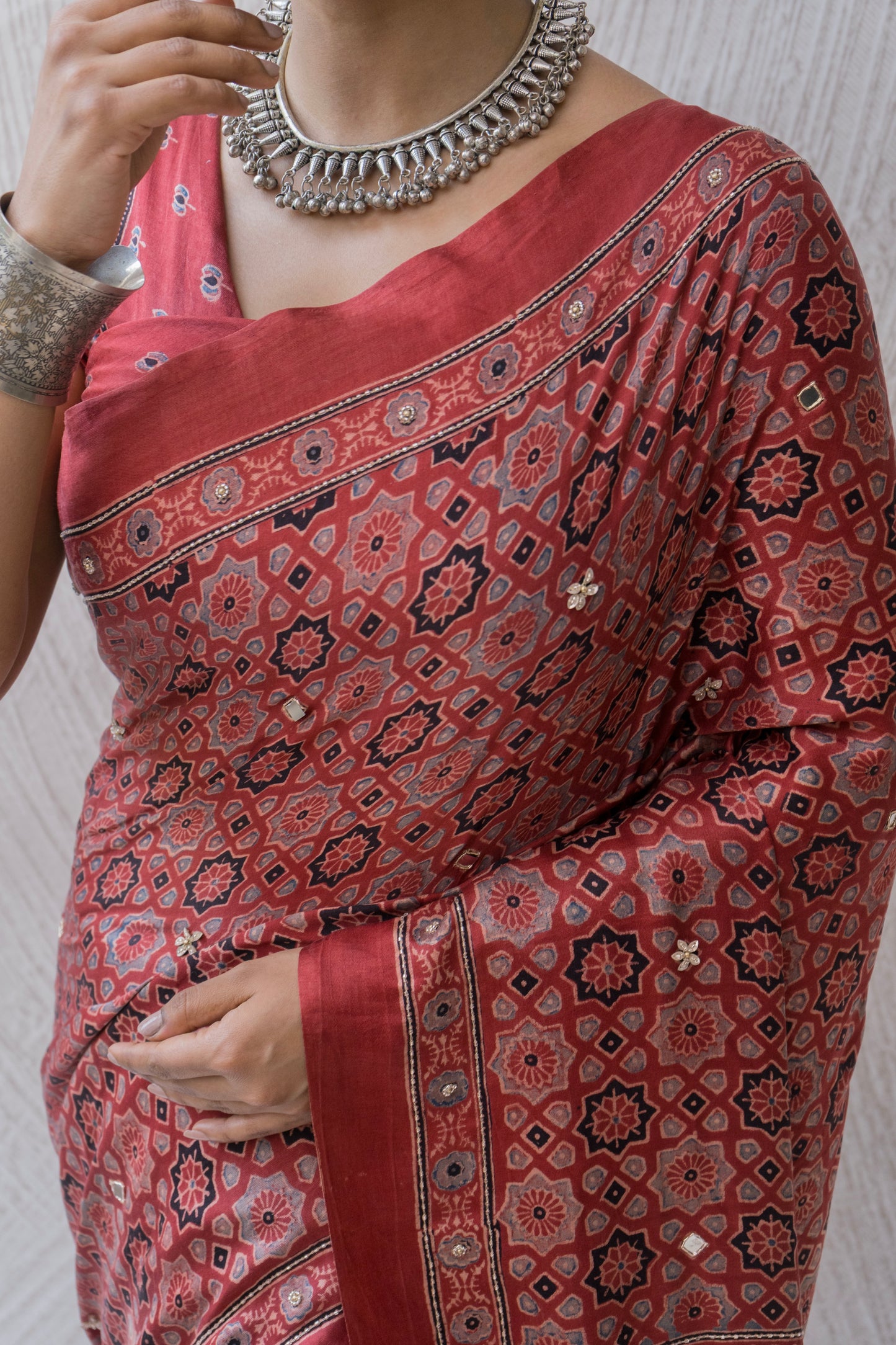 Embroidered Ajrakh Print Red Floral Gajji Saree