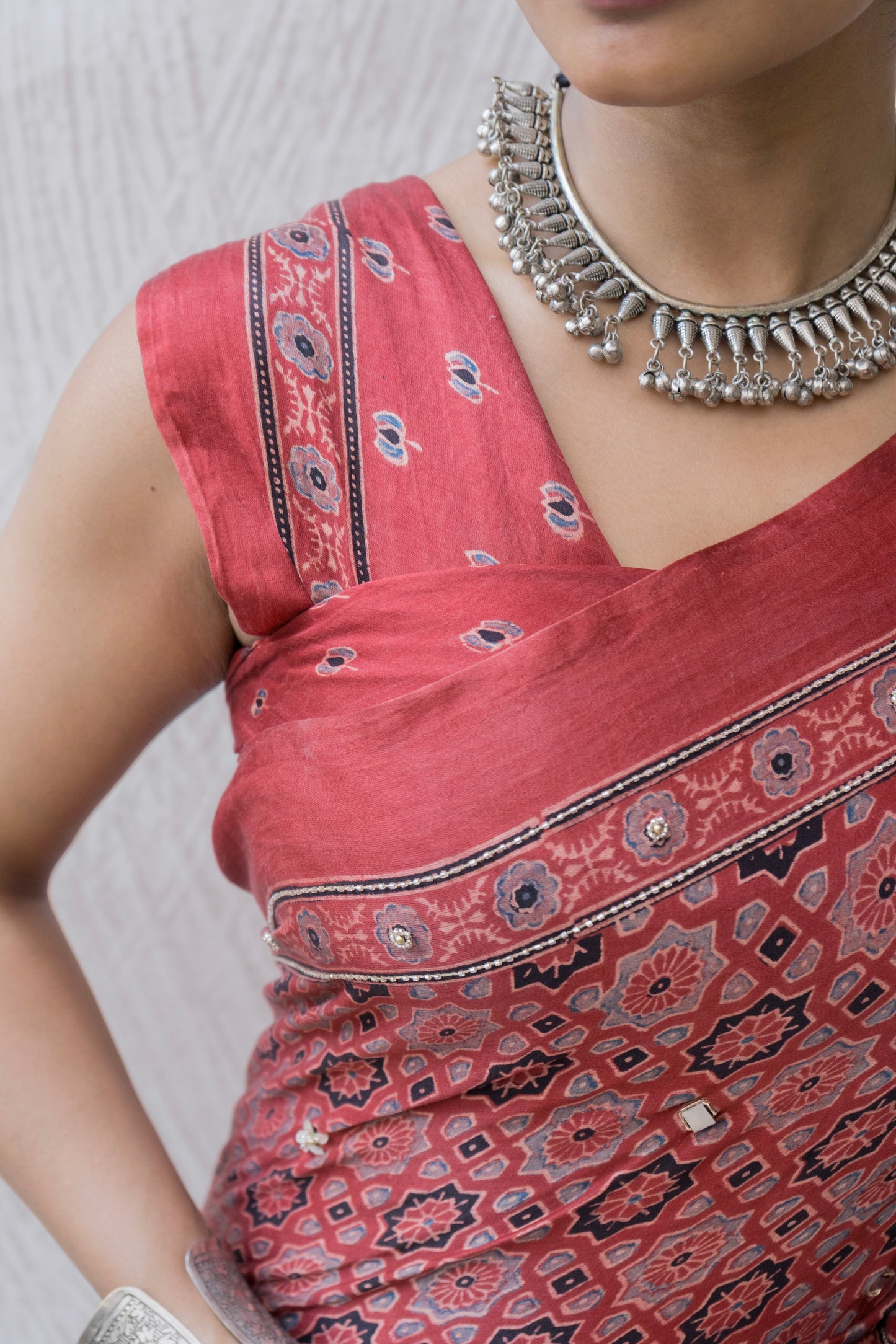 Embroidered Ajrakh Print Red Floral Gajji Saree