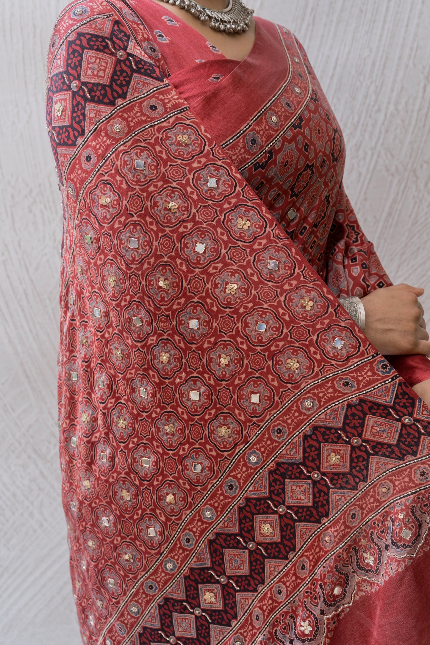 Embroidered Ajrakh Print Red Floral Gajji Saree