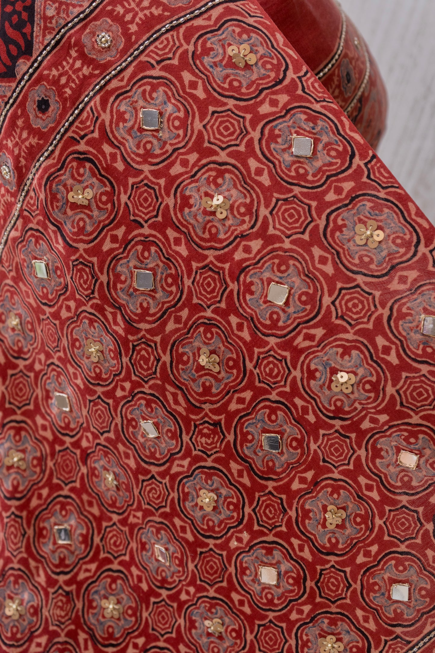 Embroidered Ajrakh Print Red Floral Gajji Saree