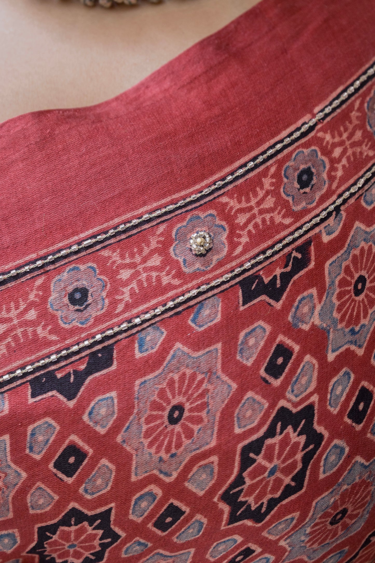 Embroidered Ajrakh Print Red Floral Gajji Saree