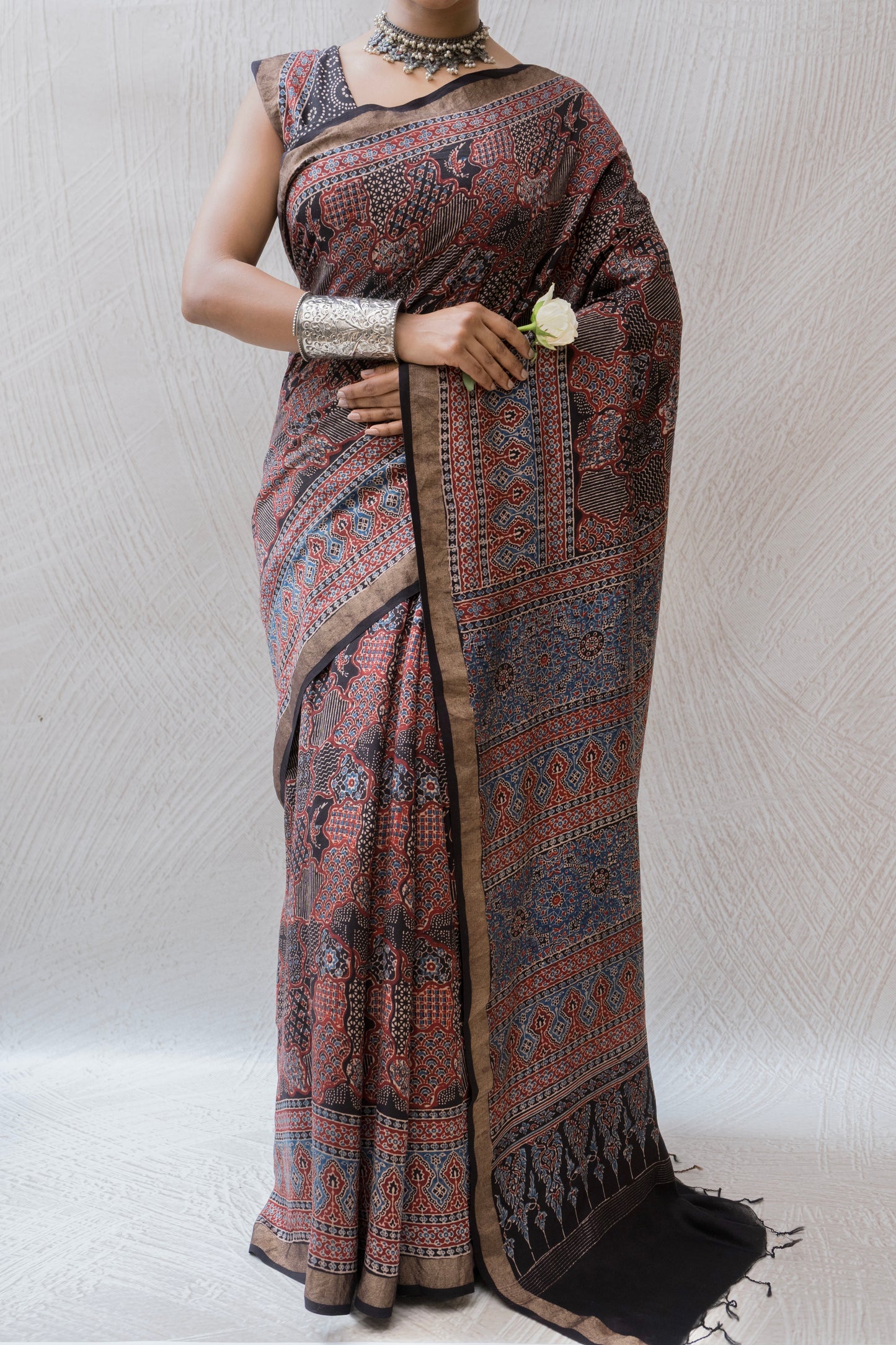 Cotton Silk Ajrakh Print Black Saree