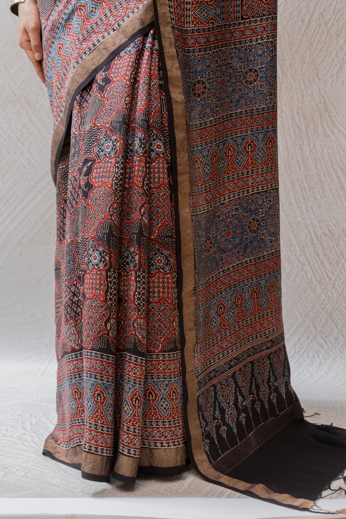 Cotton Silk Ajrakh Print Black Saree