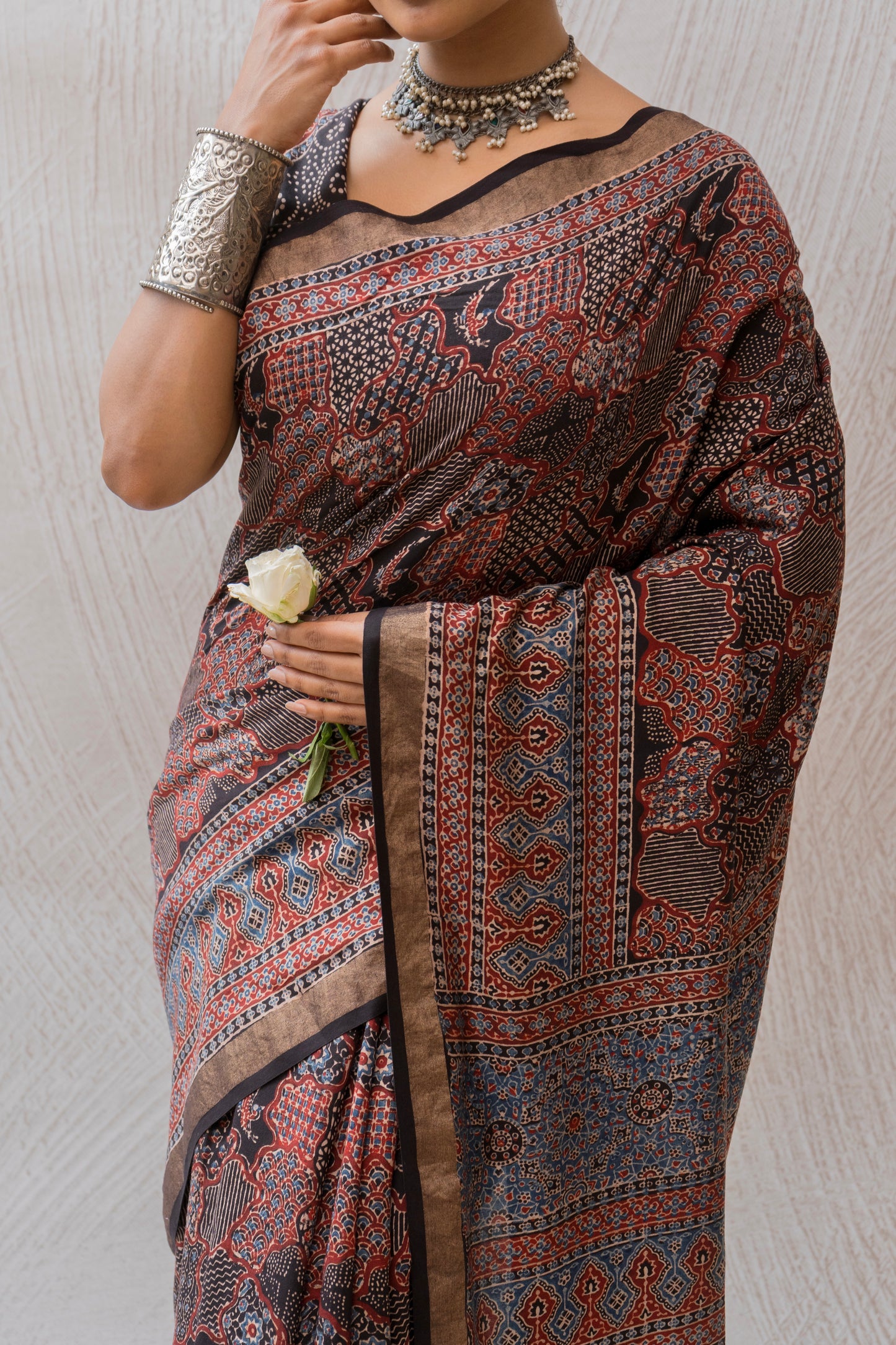 Cotton Silk Ajrakh Print Black Saree