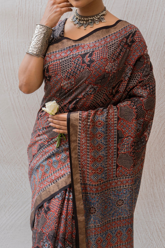Cotton Silk Ajrakh Print Black Saree