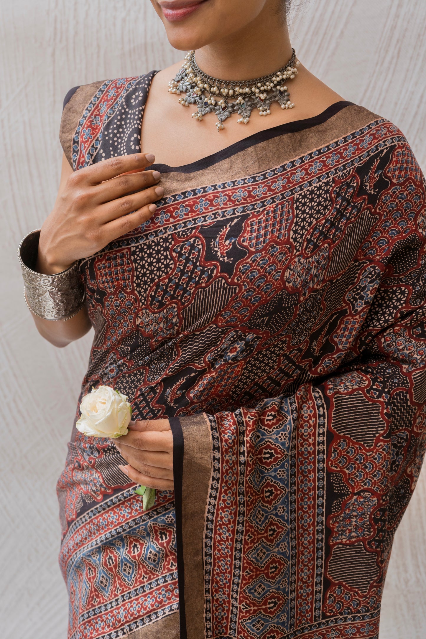 Cotton Silk Ajrakh Print Black Saree