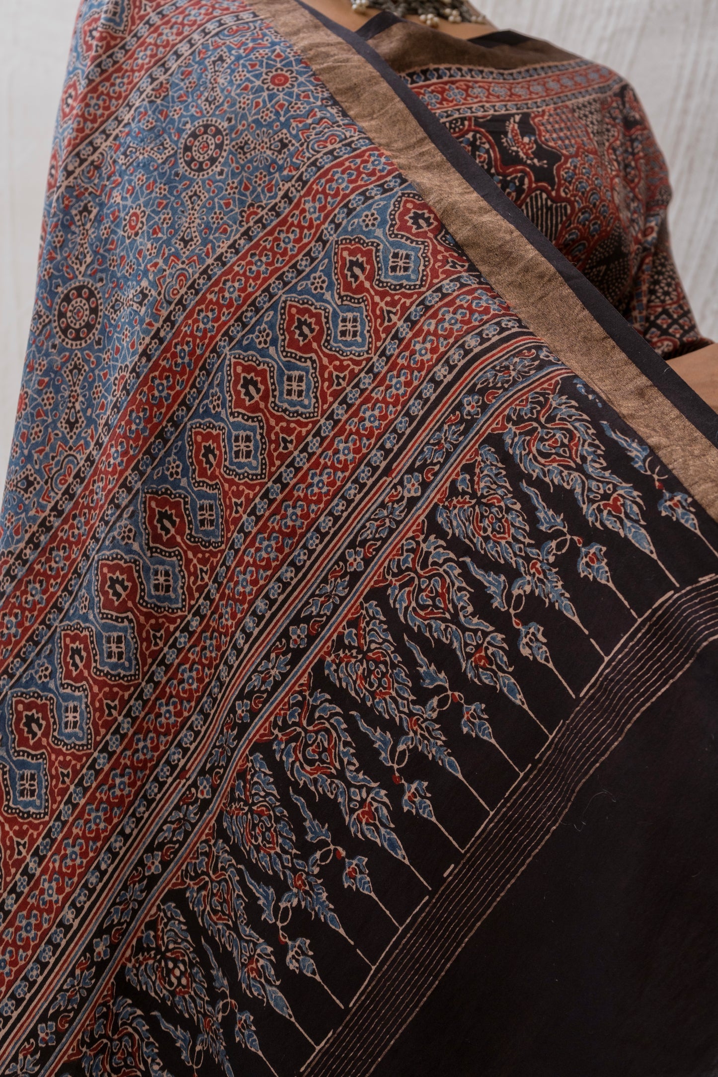 Cotton Silk Ajrakh Print Black Saree