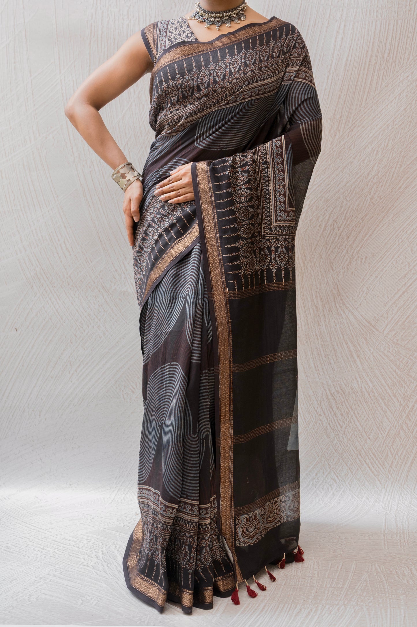 Chanderi Ajrakh Print Black saree