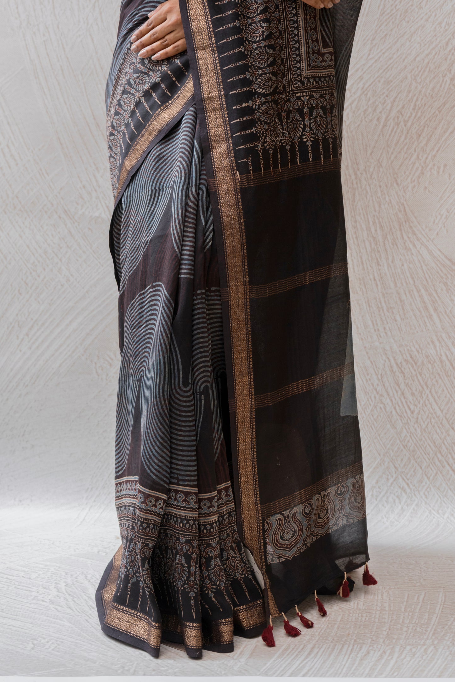 Chanderi Ajrakh Print Black saree
