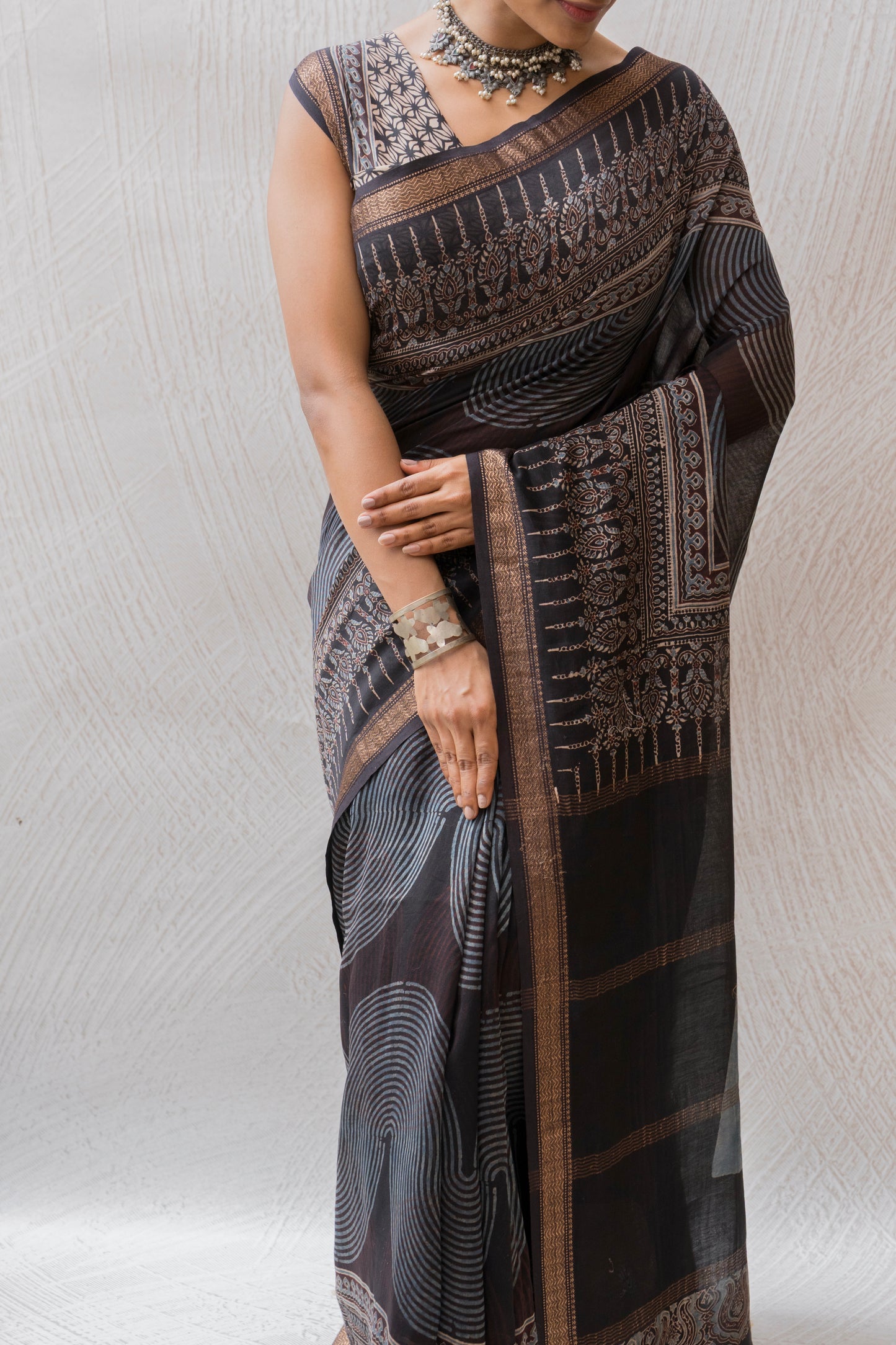 Chanderi Ajrakh Print Black saree