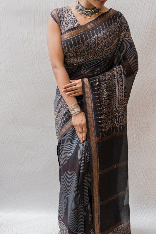 Chanderi Ajrakh Print Black saree