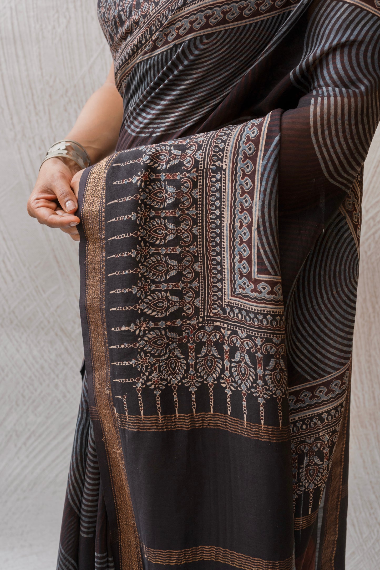 Chanderi Ajrakh Print Black saree
