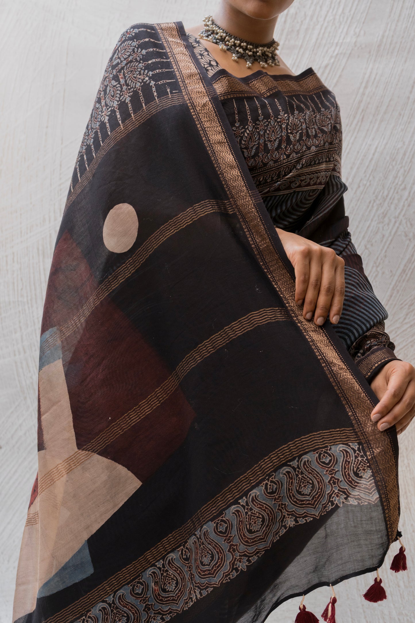 Chanderi Ajrakh Print Black saree