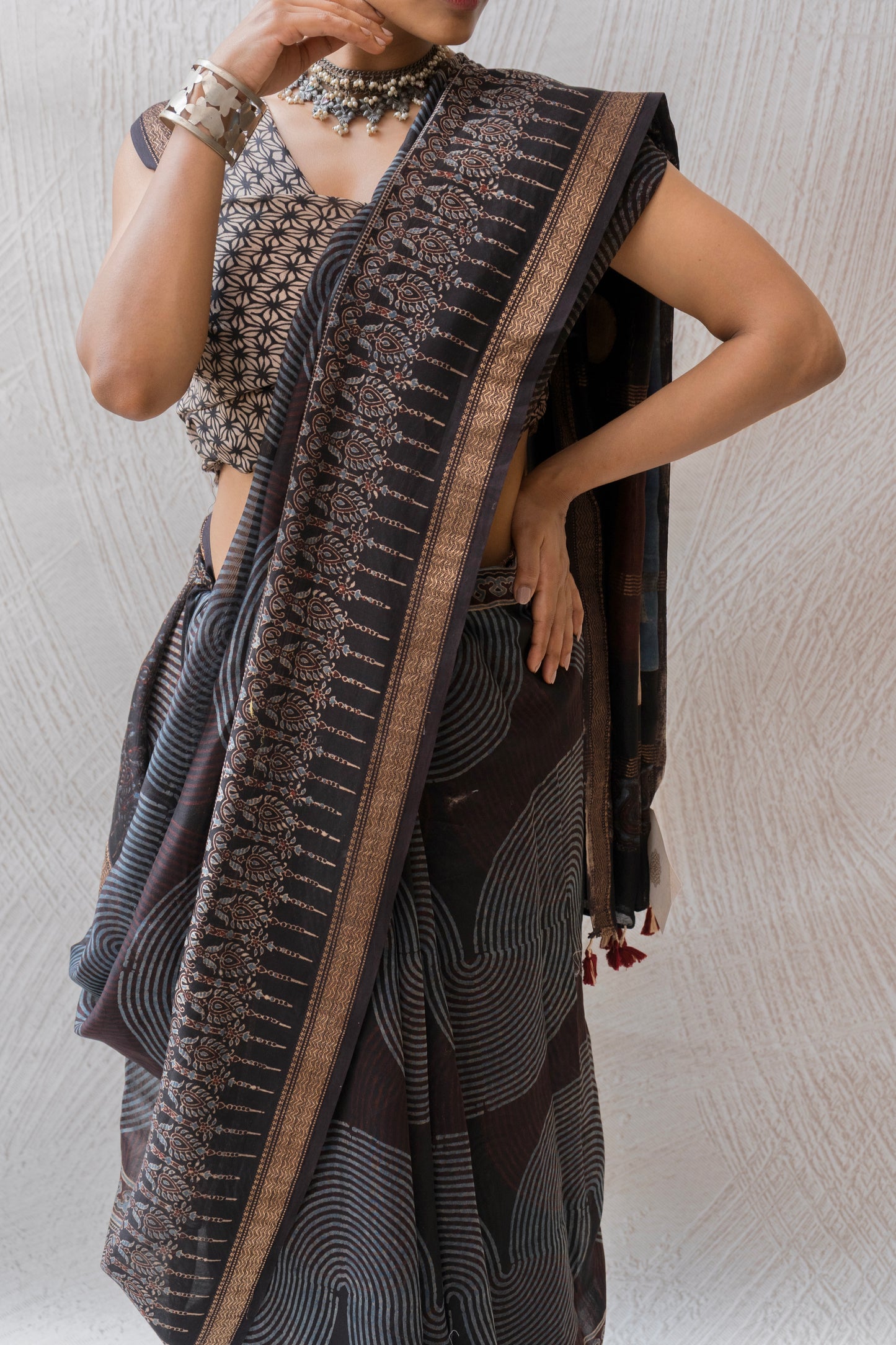 Chanderi Ajrakh Print Black saree
