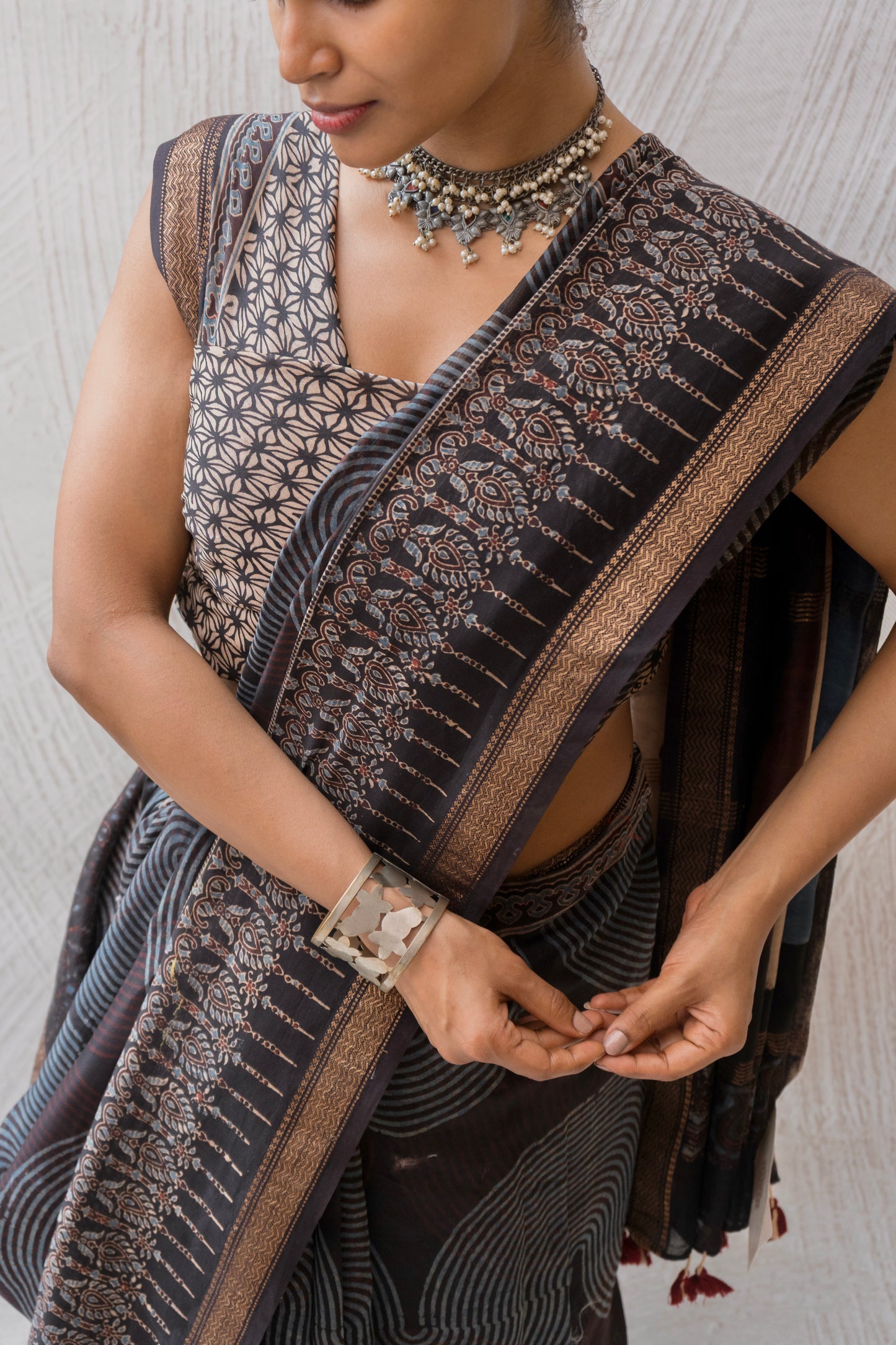 Chanderi Ajrakh Print Black saree