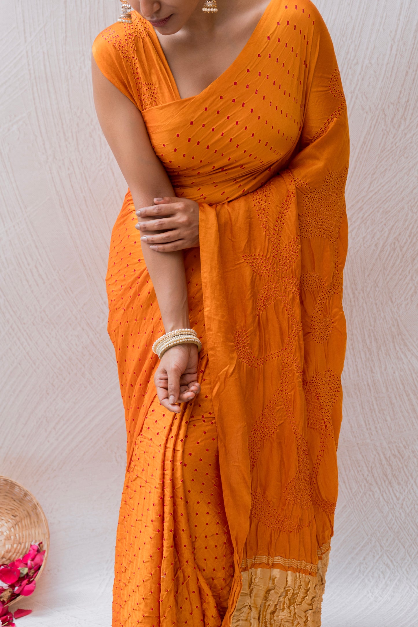 Gajji Rai Dana Orange Bandhej Saree