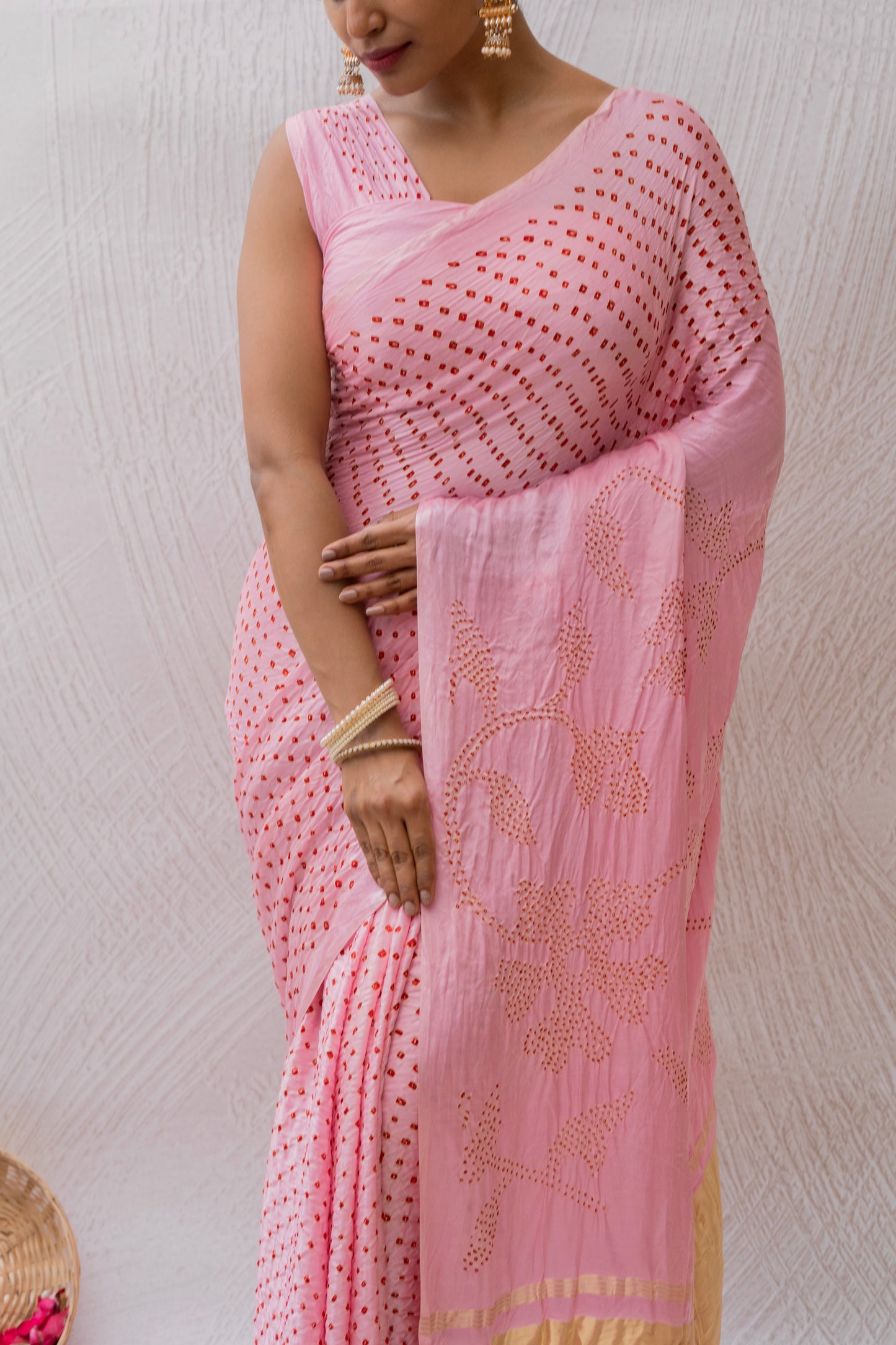 Gajji Pink Rai Dana Baby Pink Bandhej Saree