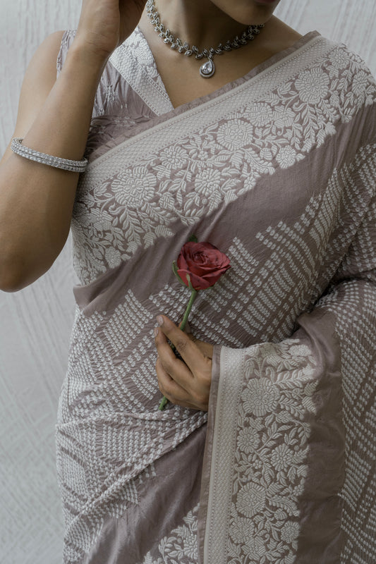Katan Parsi Rai Dana Grey Bandhej Saree
