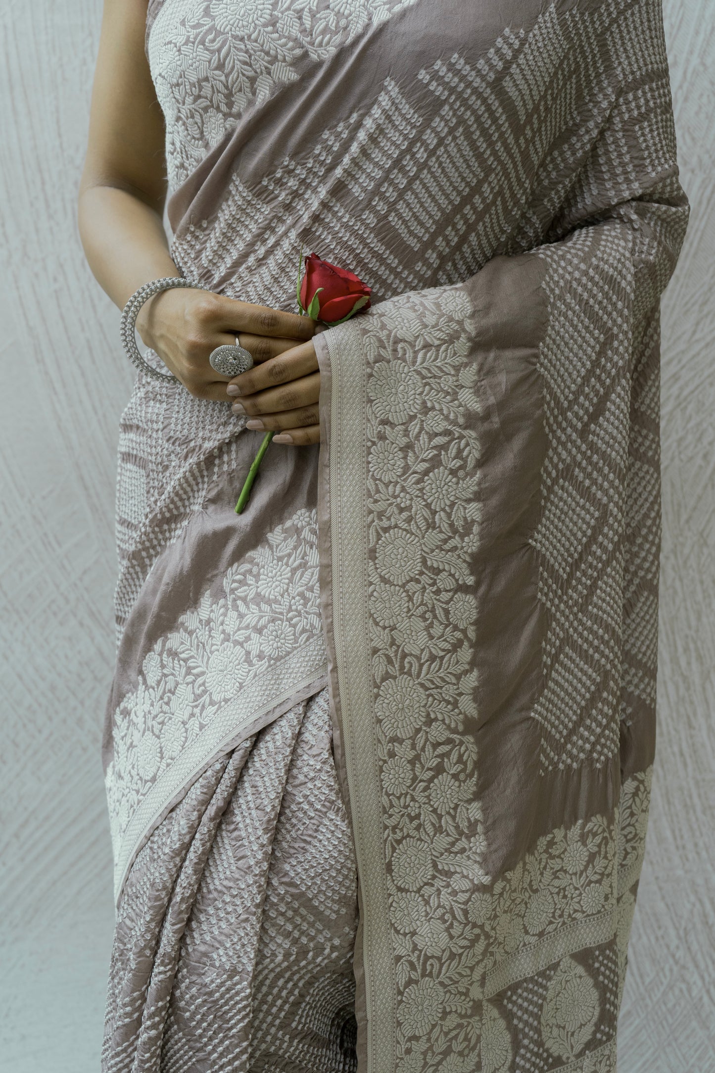 Katan Parsi Rai Dana Grey Bandhej Saree