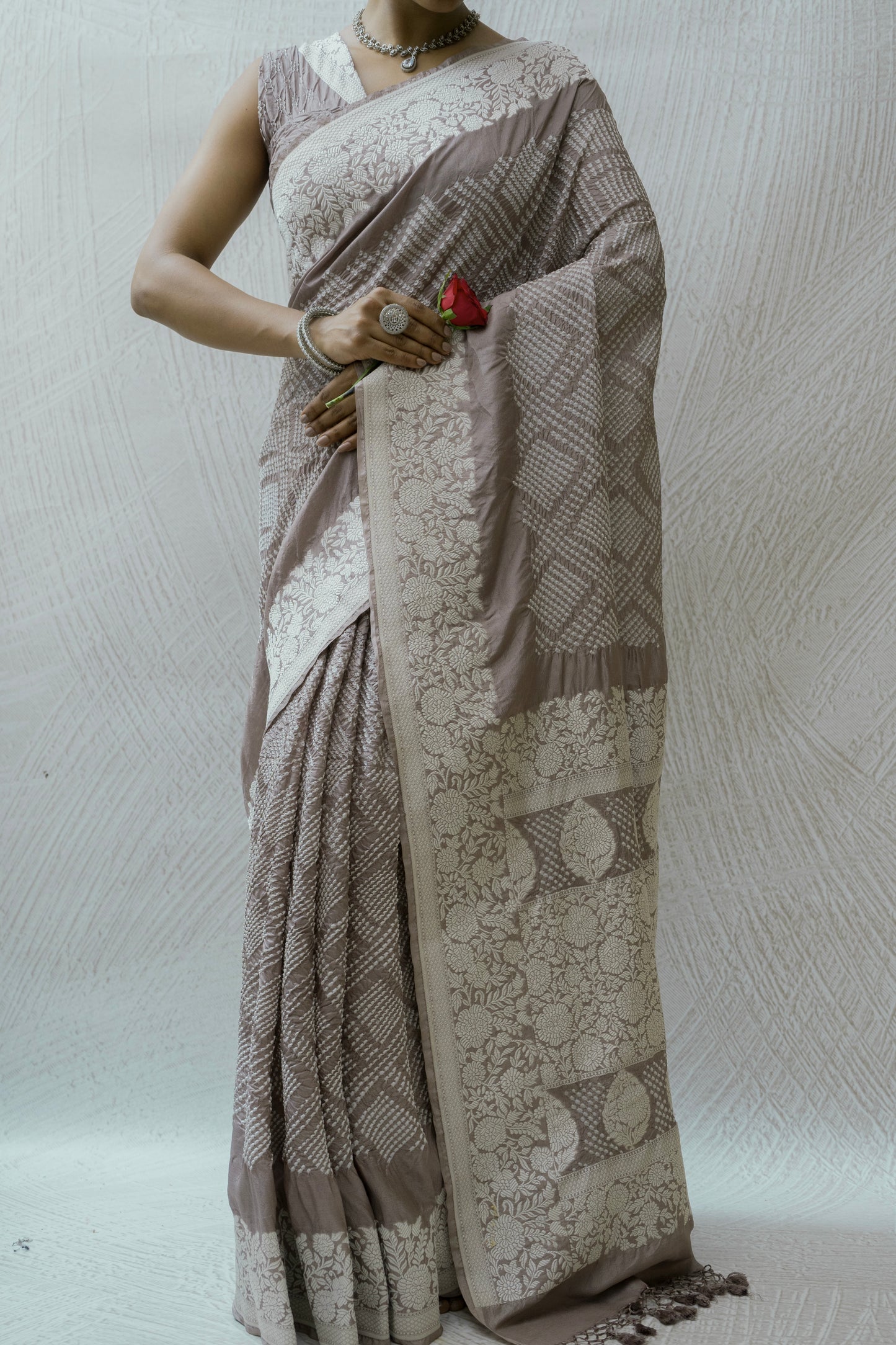 Katan Parsi Rai Dana Grey Bandhej Saree