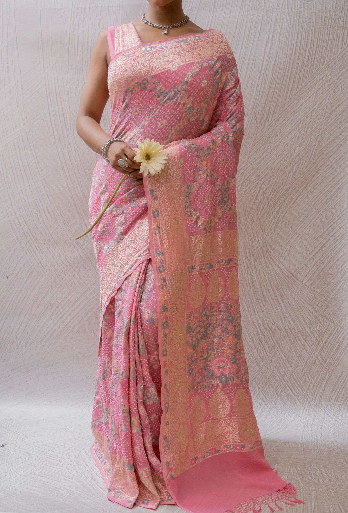 Georgette Parsi Jaal Pink Bandhej Saree