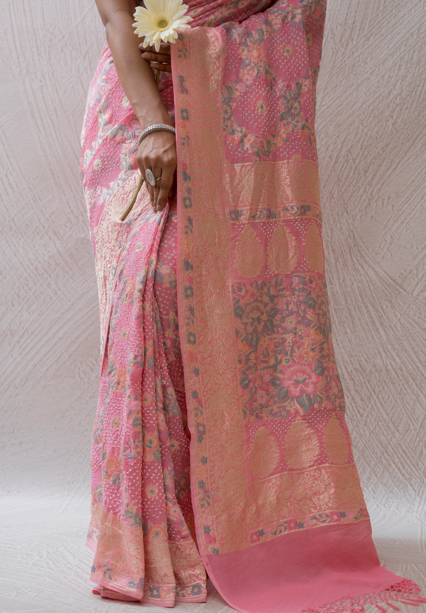 Georgette Parsi Jaal Pink Bandhej Saree