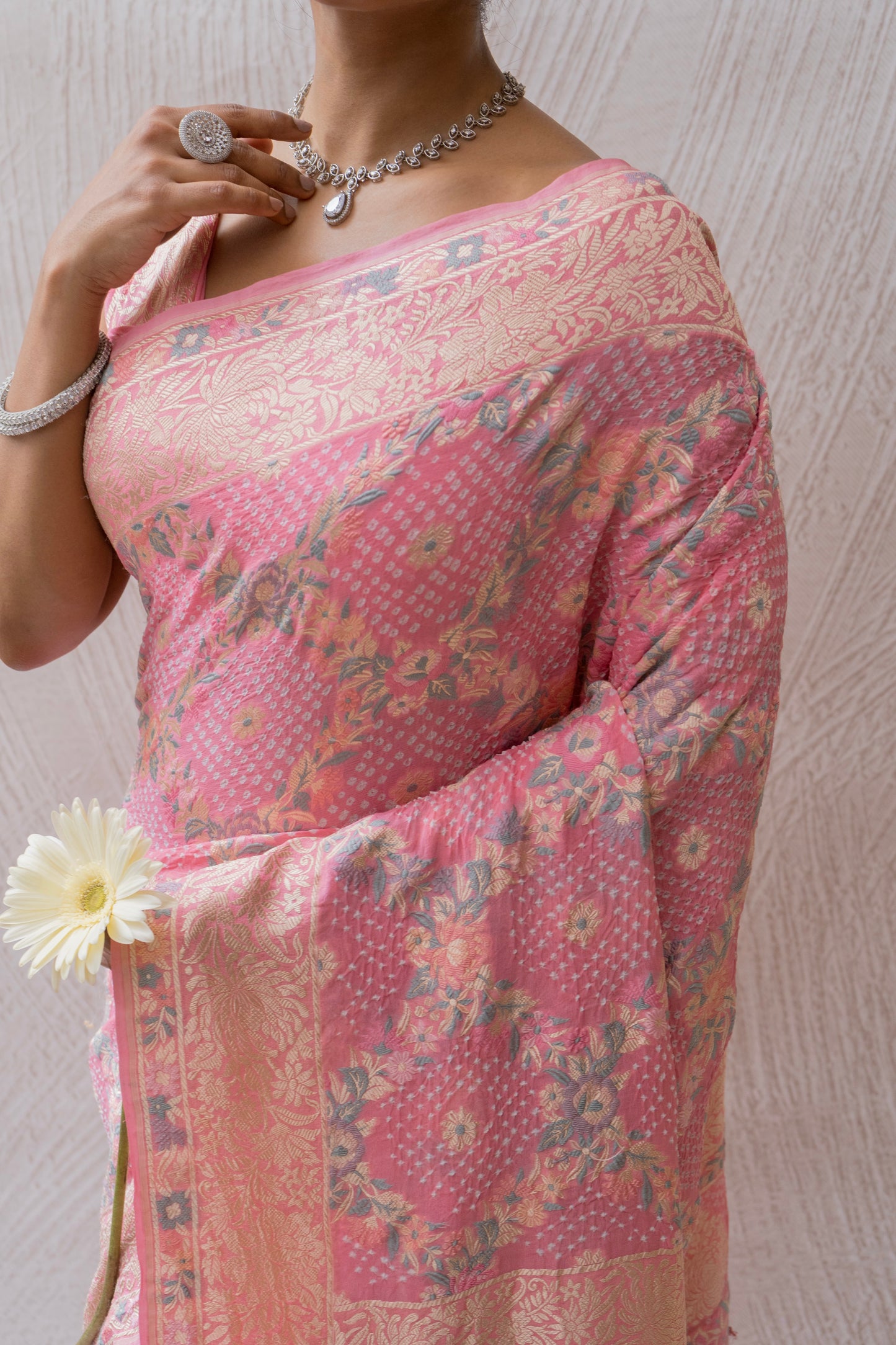 Georgette Parsi Jaal Pink Bandhej Saree