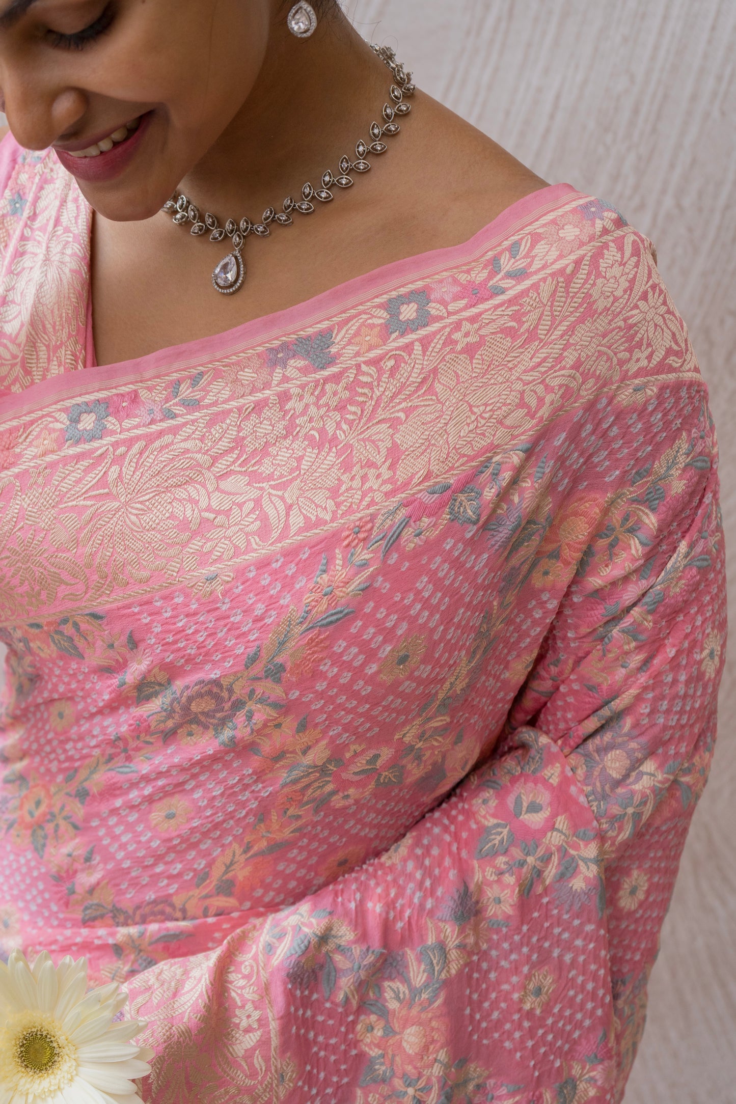 Georgette Parsi Jaal Pink Bandhej Saree