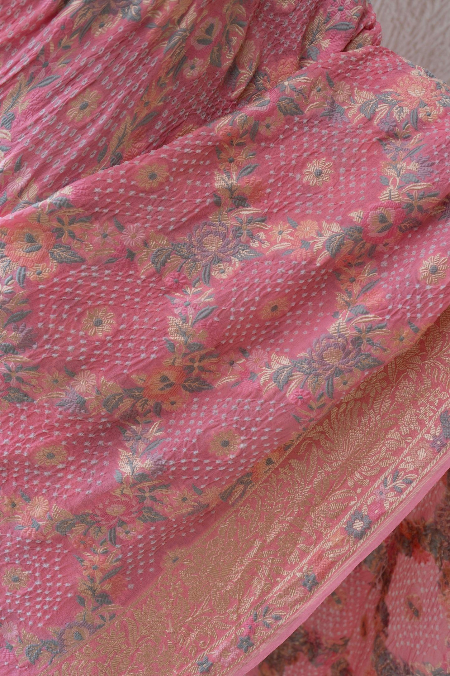 Georgette Parsi Jaal Pink Bandhej Saree