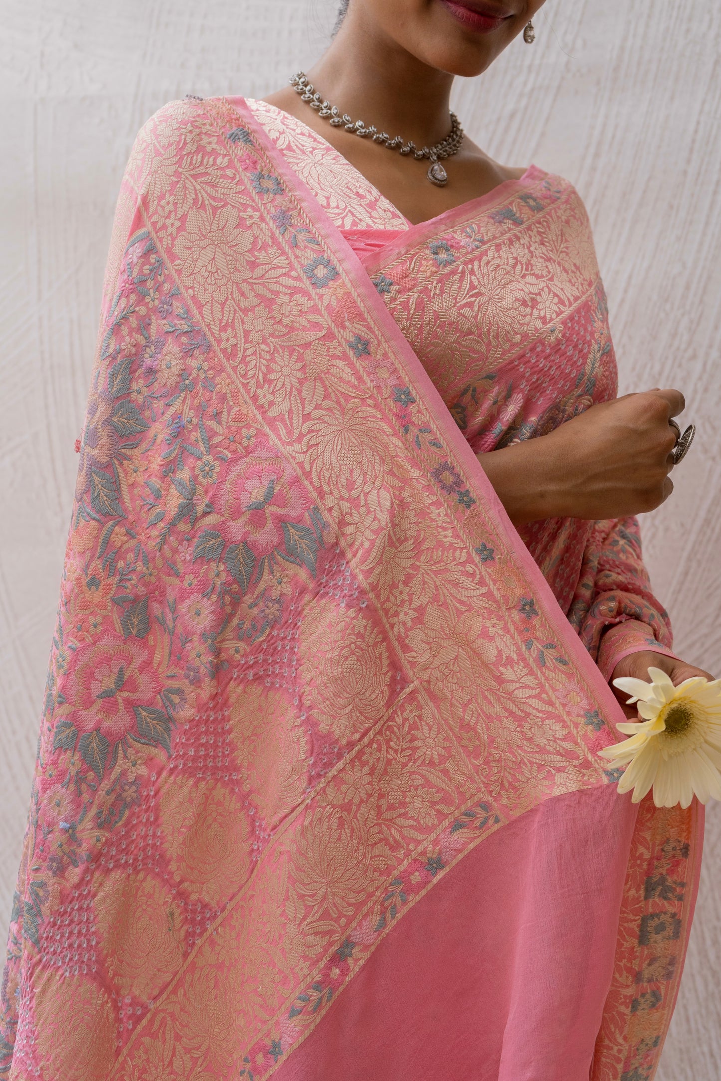 Georgette Parsi Jaal Pink Bandhej Saree