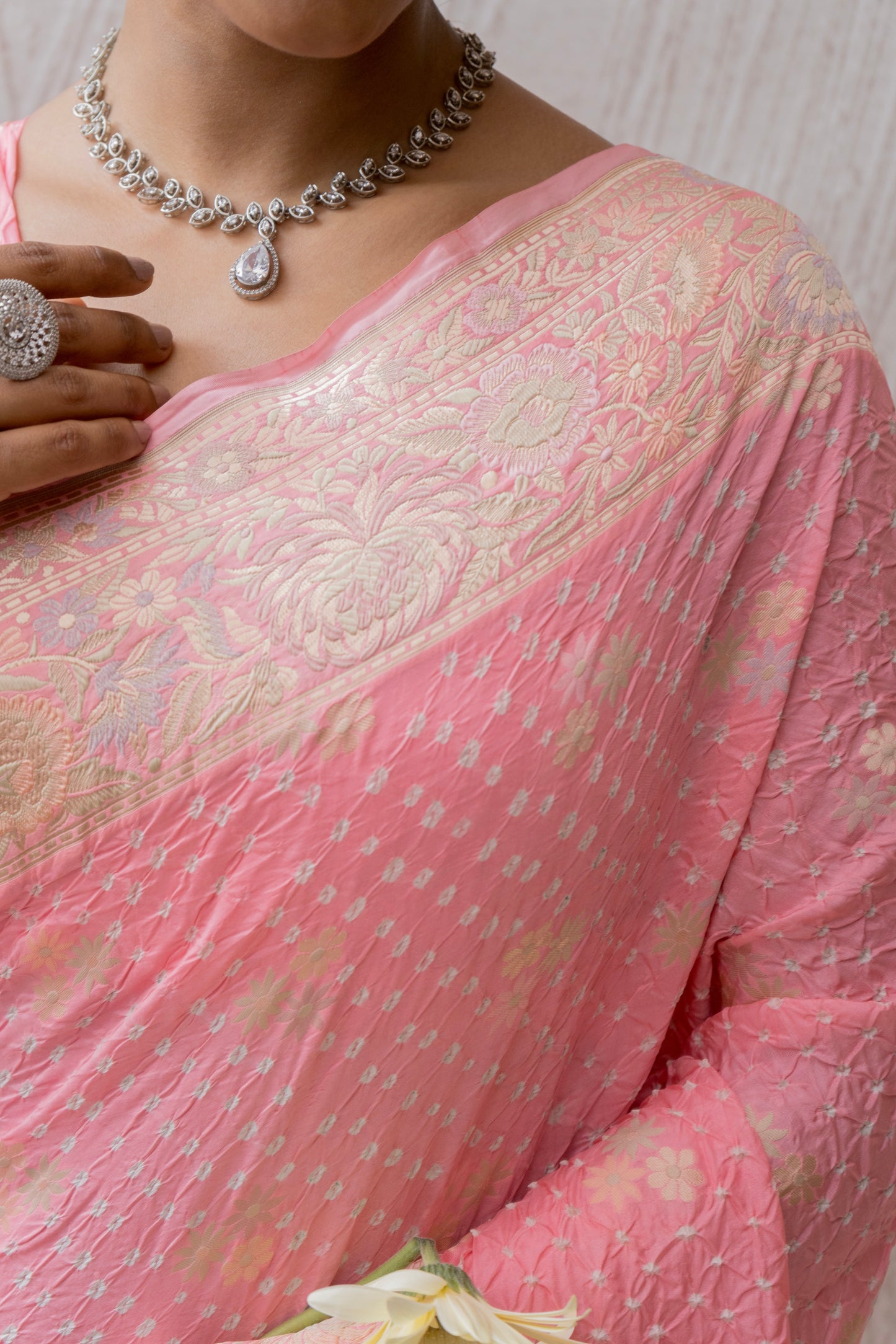 Katan Parsi Booti Rai Dana Pastel Pink Bandhej Saree