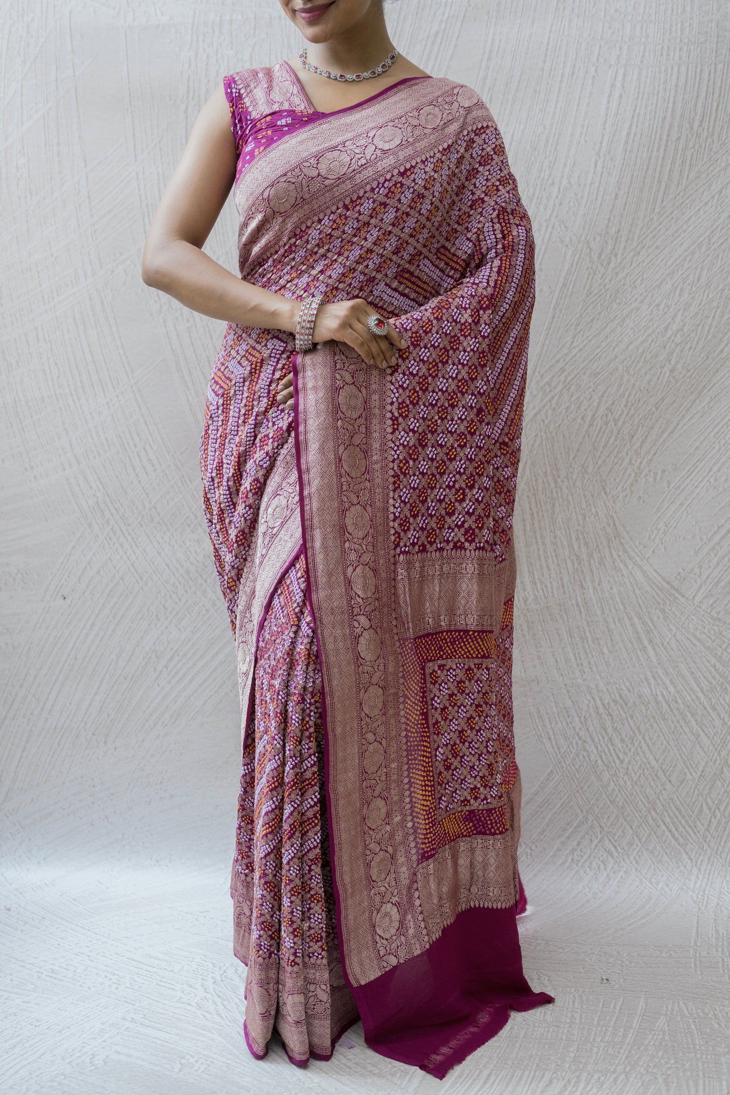 Georgette Leheriya Weaving Purple Bandhej Saree