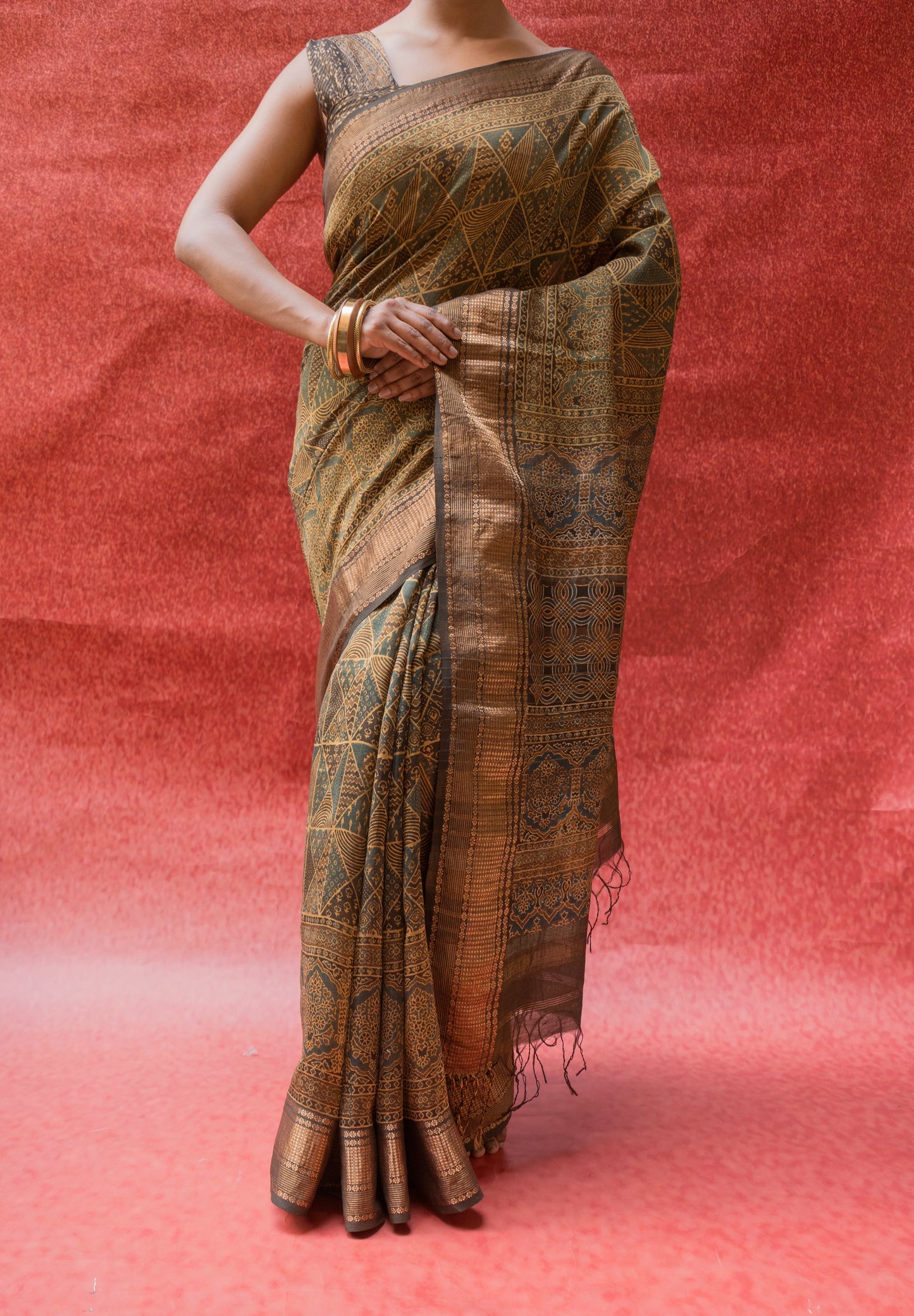 Silk Cotton Ajrakh Print Yellow-Golden Saree