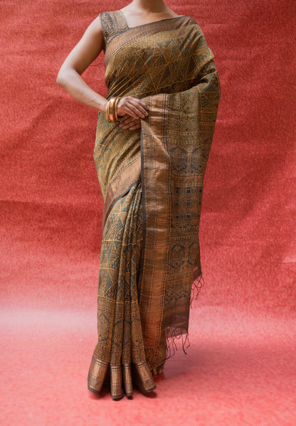 Silk Cotton Ajrakh Print Yellow-Golden Saree