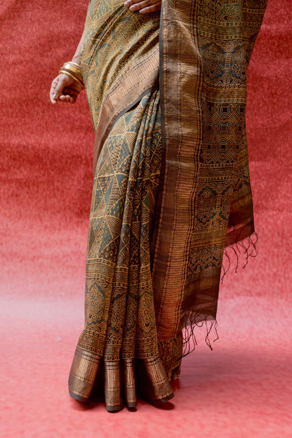 Silk Cotton Ajrakh Print Yellow-Golden Saree