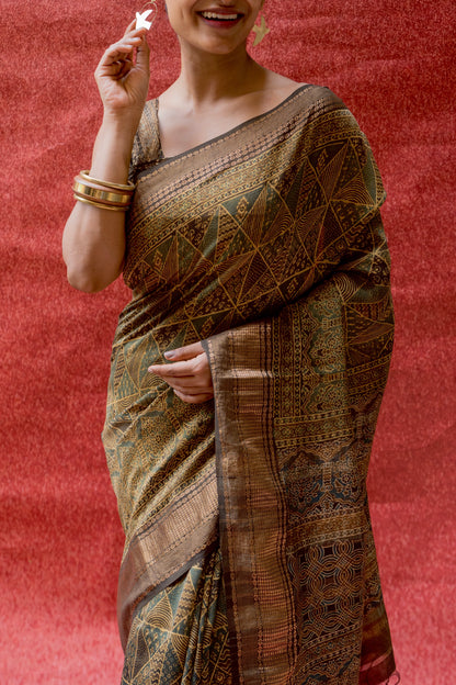 Silk Cotton Ajrakh Print Yellow-Golden Saree