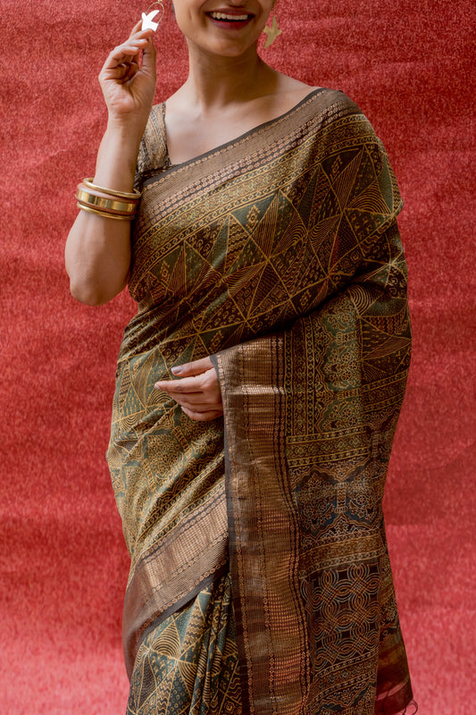Silk Cotton Ajrakh Print Yellow-Golden Saree