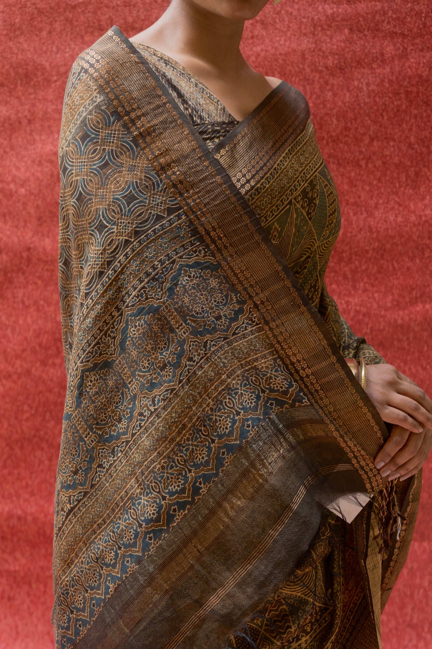 Silk Cotton Ajrakh Print Yellow-Golden Saree