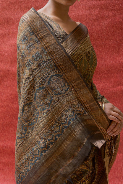 Silk Cotton Ajrakh Print Yellow-Golden Saree