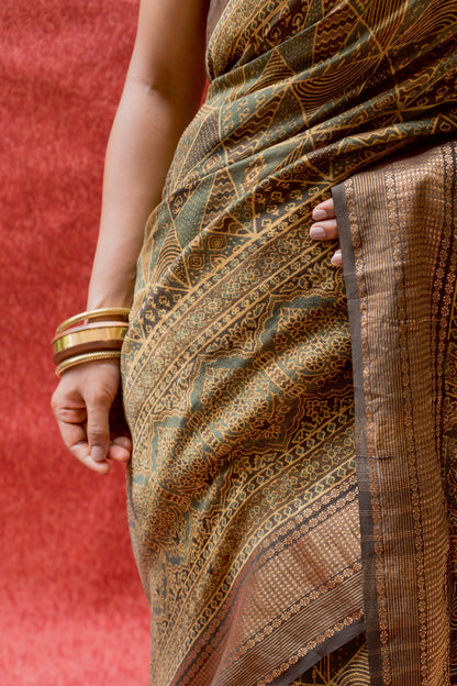 Silk Cotton Ajrakh Print Yellow-Golden Saree