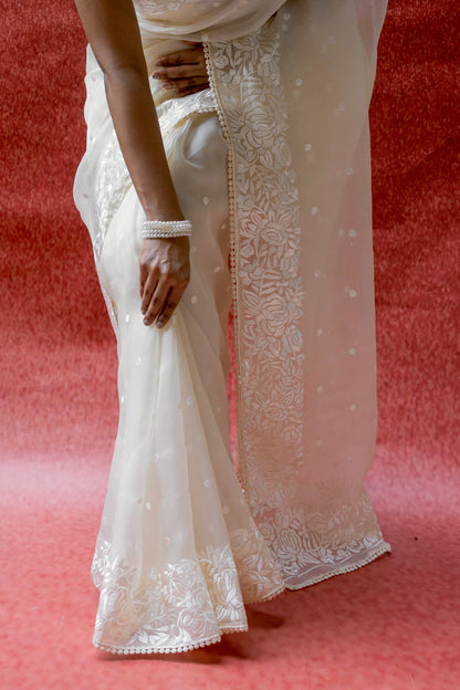 Organza Parsi White Saree