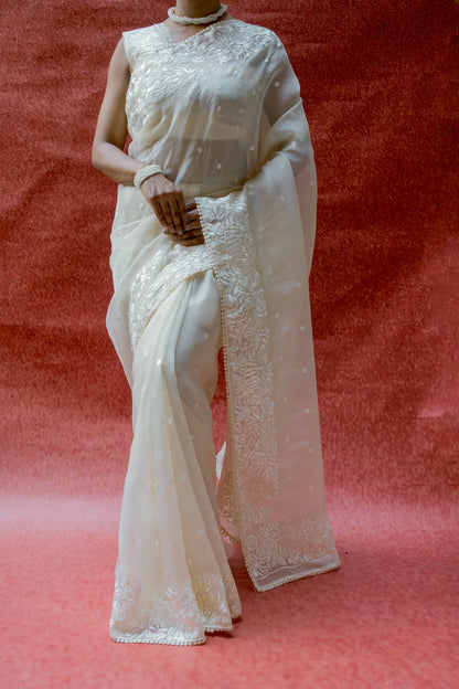 Organza Parsi White Saree
