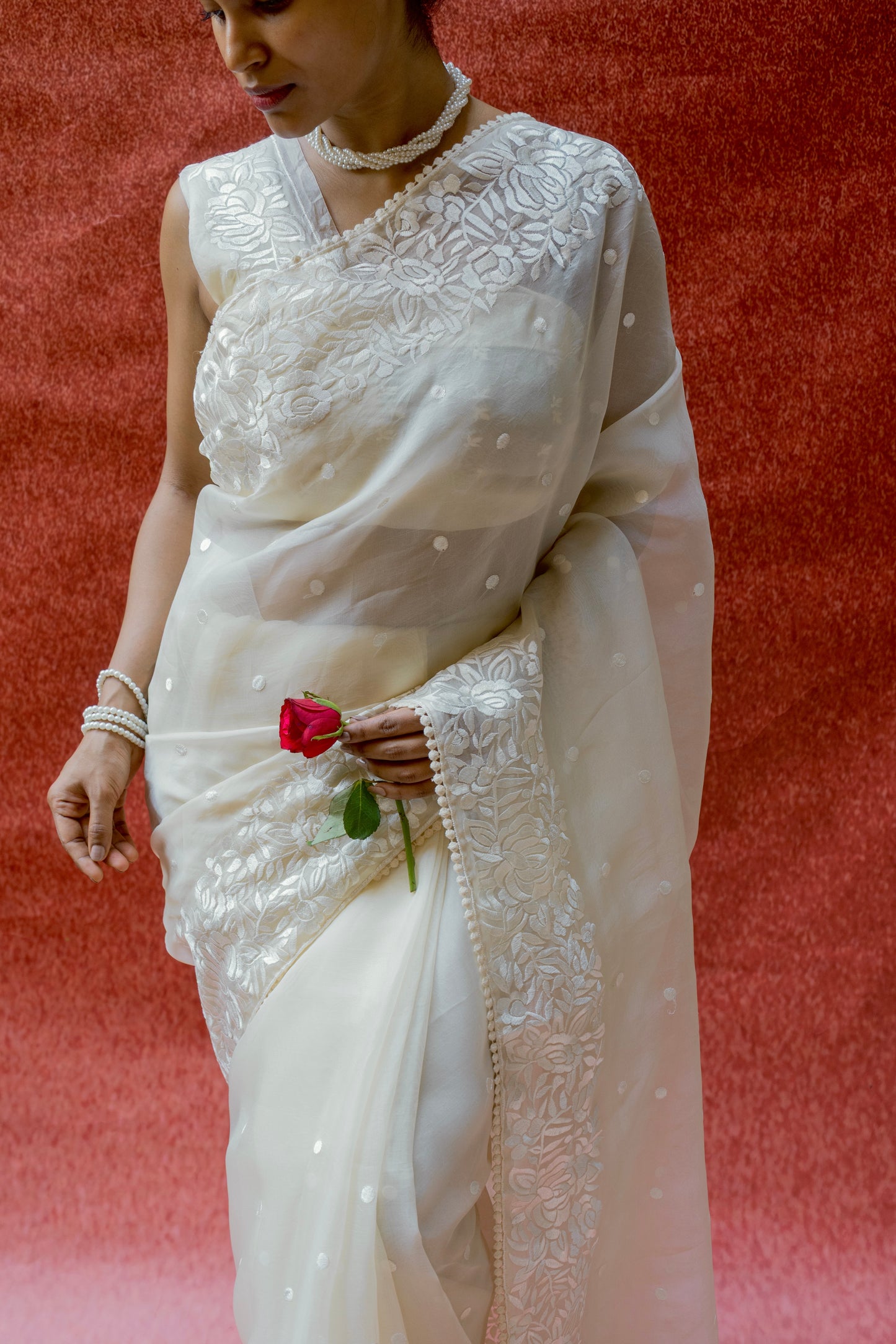 Organza Parsi White Saree