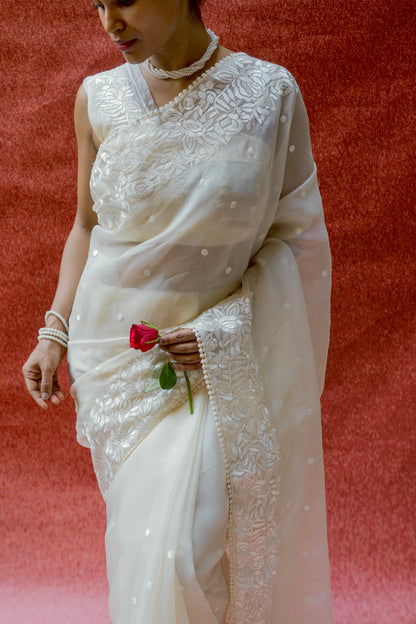 Organza Parsi White Saree