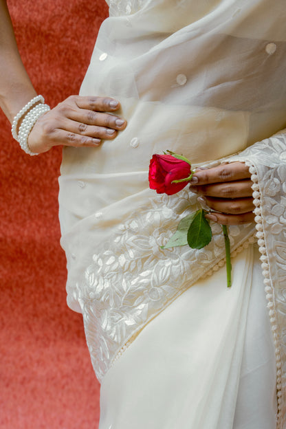 Organza Parsi White Saree