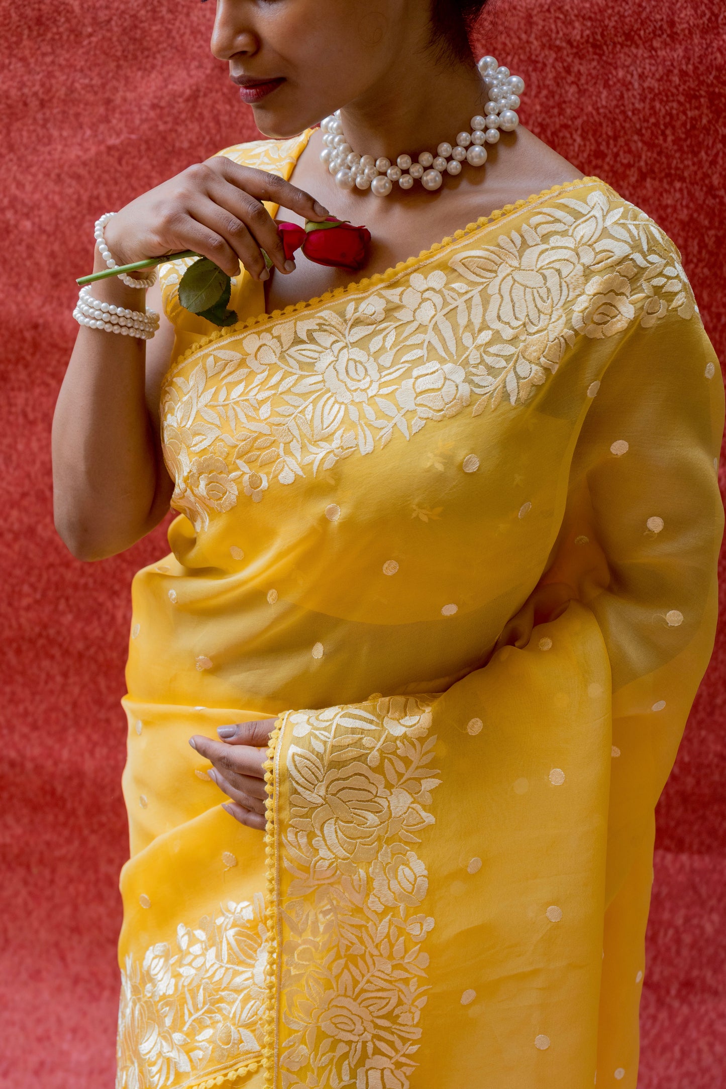 Organza Parsi Yellow Saree