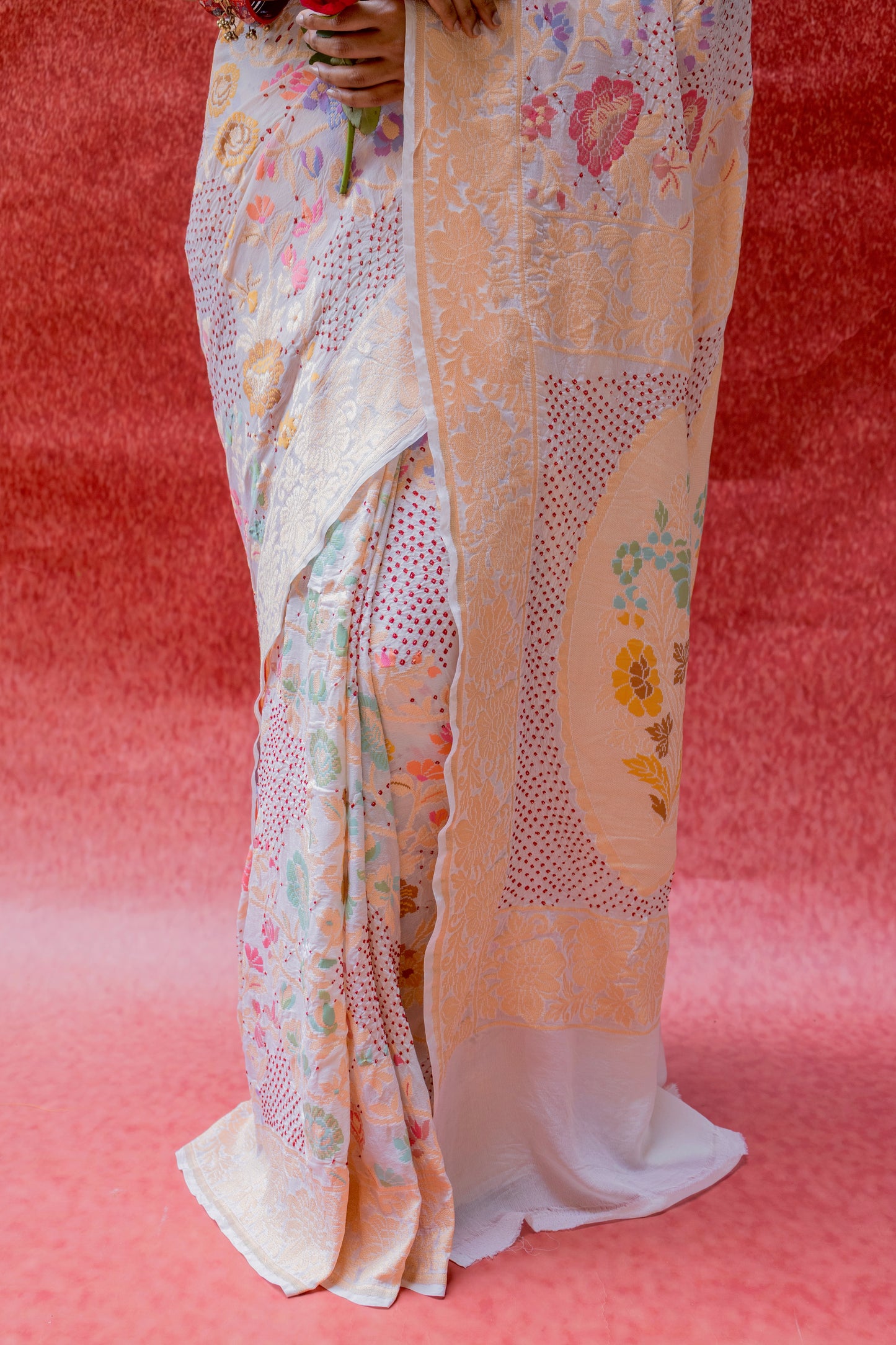 Georgette Neemzari Tilfi Meenakari Red Rai Dana White Bandhej Saree