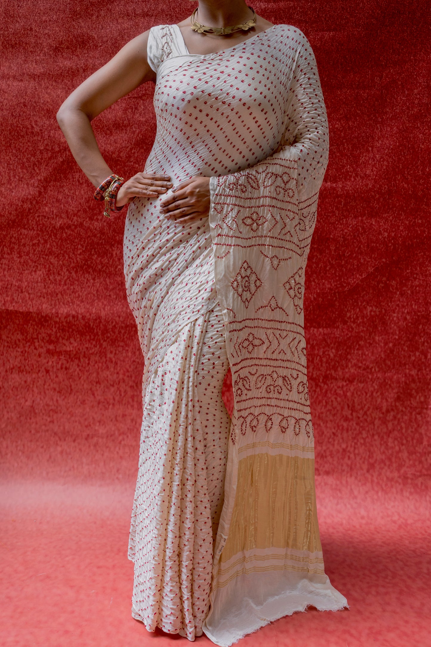 Gajji Red Rai Dana White Saree